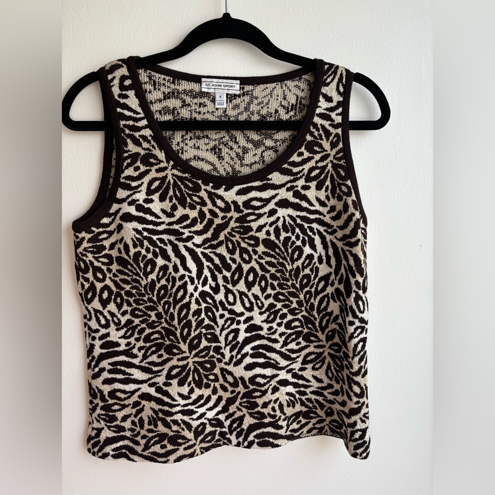 St. John Sport Sleeveless Knit Top Animal Print Brown Tan Size S